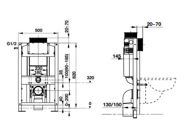 bản vẽ kỹ thuật Két nước âm Mechanical 820 cho bồn cầu treo Hafele 588.73.922