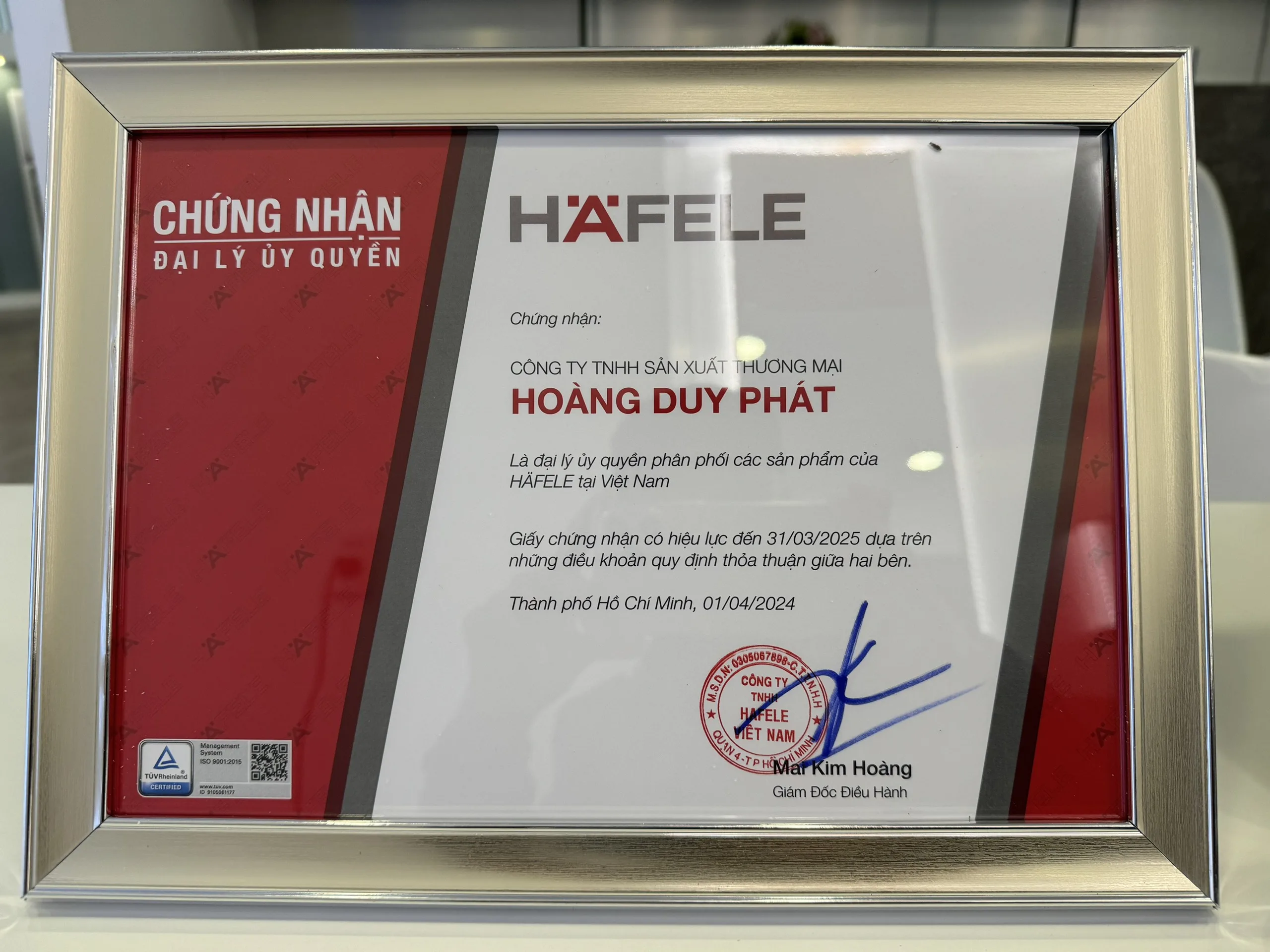 Chứng nhận đại lý phân phối Hafele 2024-2025