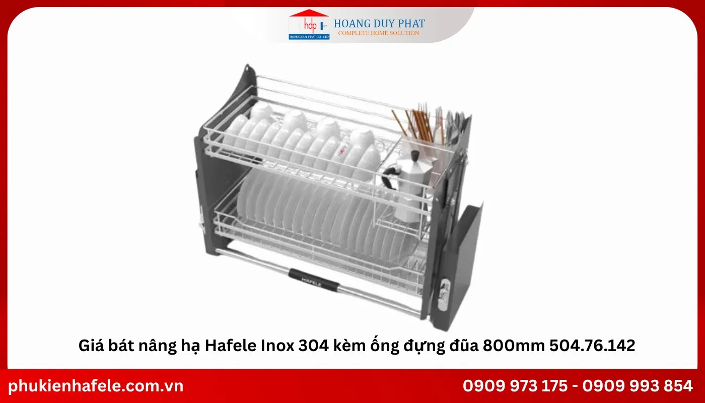 Thiết kế kèm ống đựng đũa tiện lợi của giá bát nâng hạ tủ bếp Hafele Inox 304