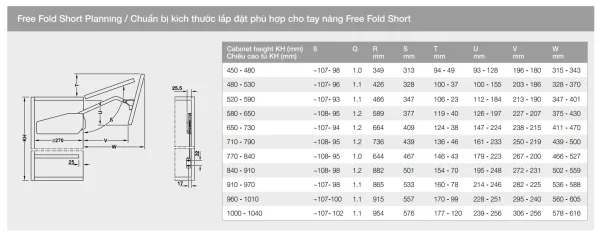 bảng kích thước TAY NÂNG FREE FOLD