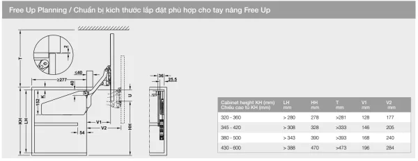 Chuẩn bị kích thước lắp đặt phù hợp cho tay nâng Free Up