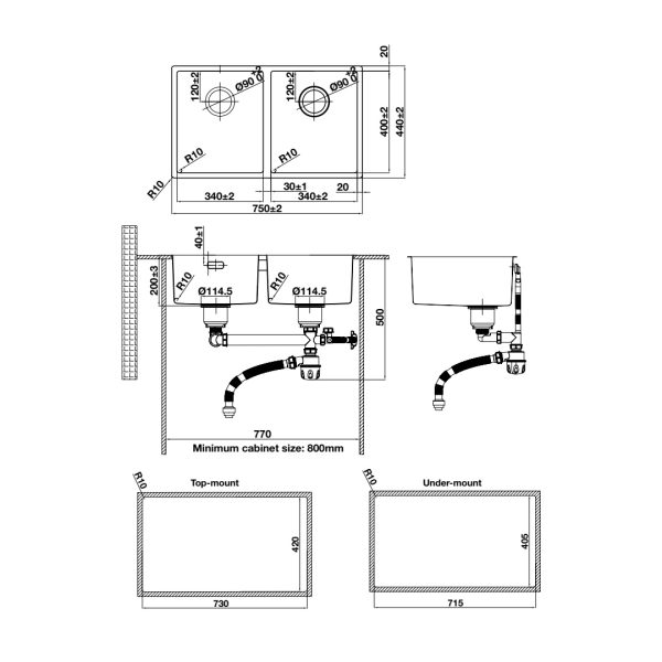 bản vẽ kỹ thuật Chậu rửa chén inox Hafele HS24-SSN2S-750 567.24.427