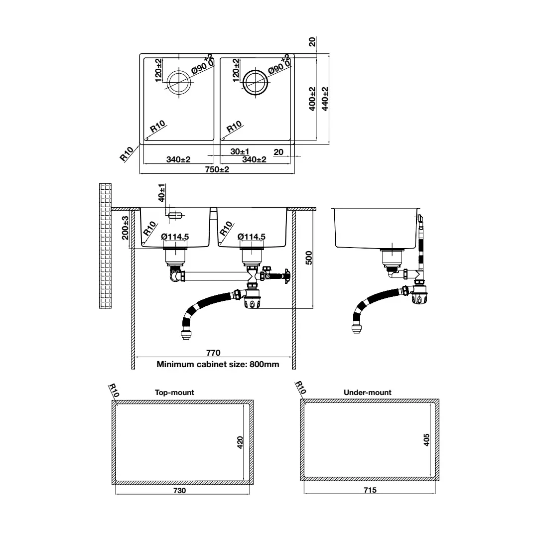 bản vẽ kỹ thuật Chậu rửa chén inox Hafele HS24-SSN2S-750 567.24.427