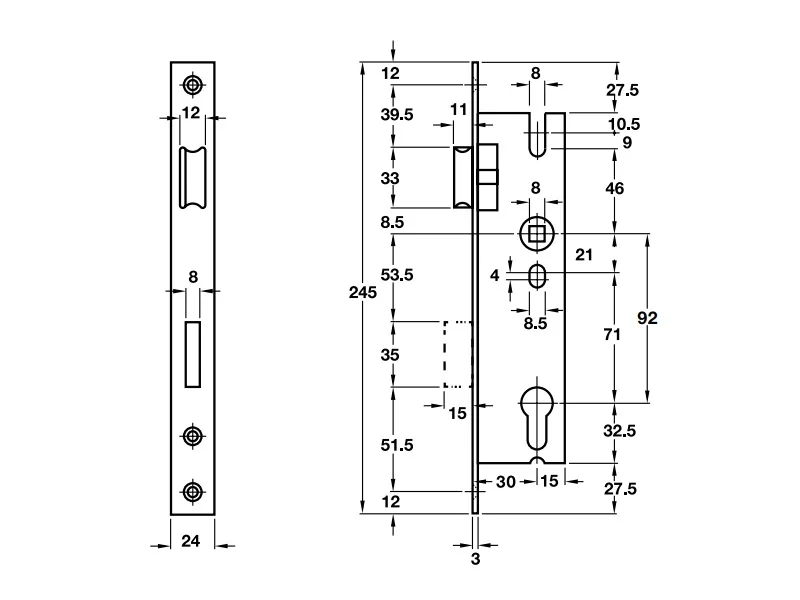 bản vẽ kỹ thuật Thân khóa cho cửa đố nhỏ Hafele 911.77.260