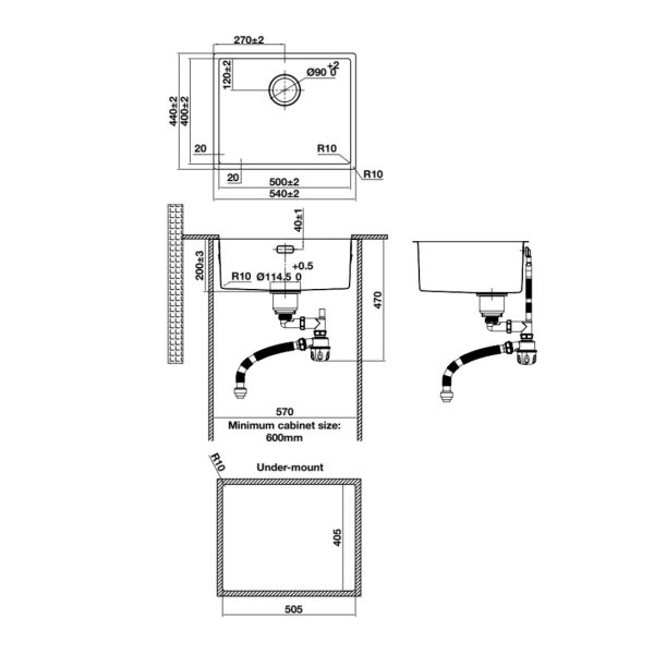 bản vẽ kỹ thuật chậu rửa chén inox hafele HS24-SSN1S-540 567.24.457