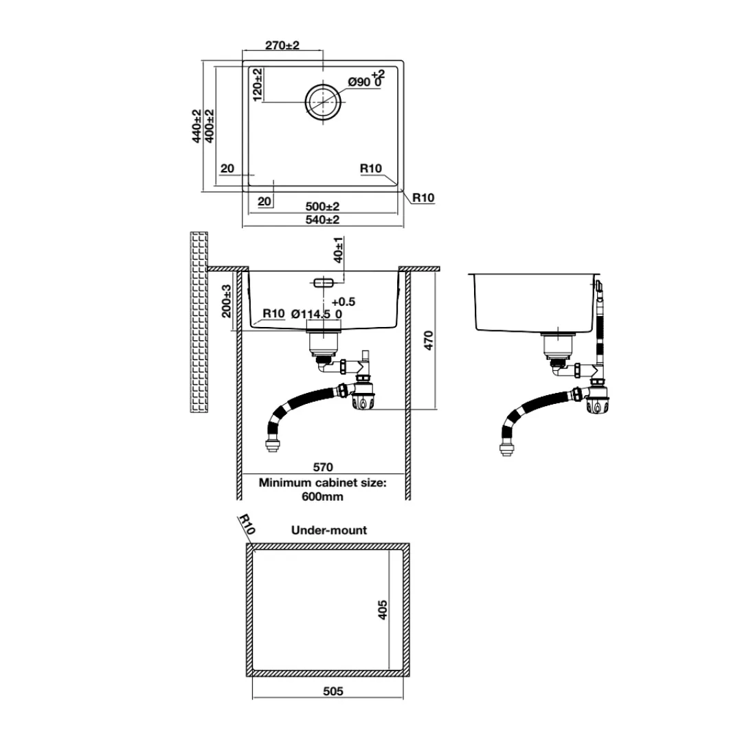 bản vẽ kỹ thuật chậu rửa chén inox hafele HS24-SSN1S-540 567.24.457