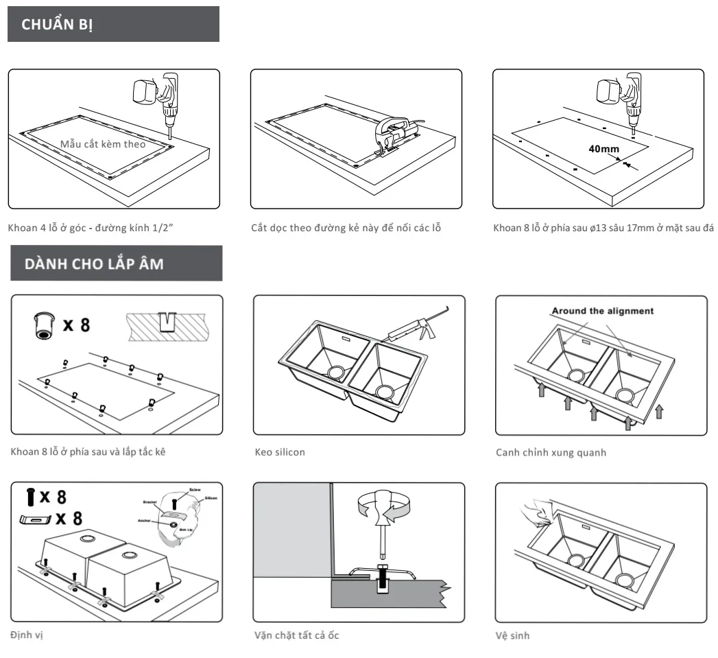 cách lắp chậu rửa chén - lắp âm