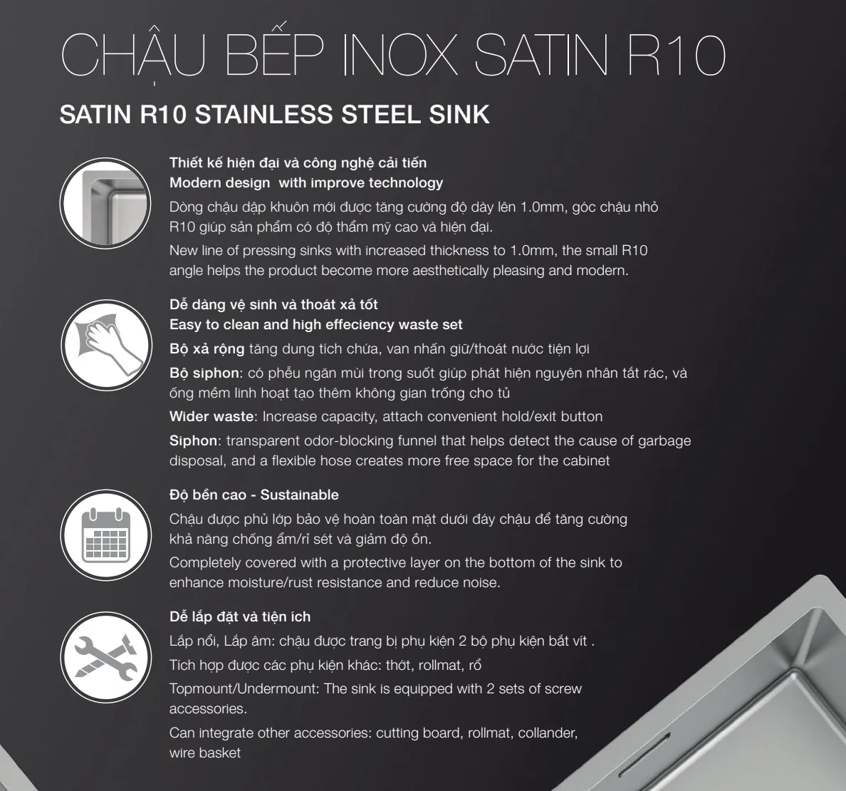 công nghệ CHẬU BẾP INOX HAFELE SATIN R10