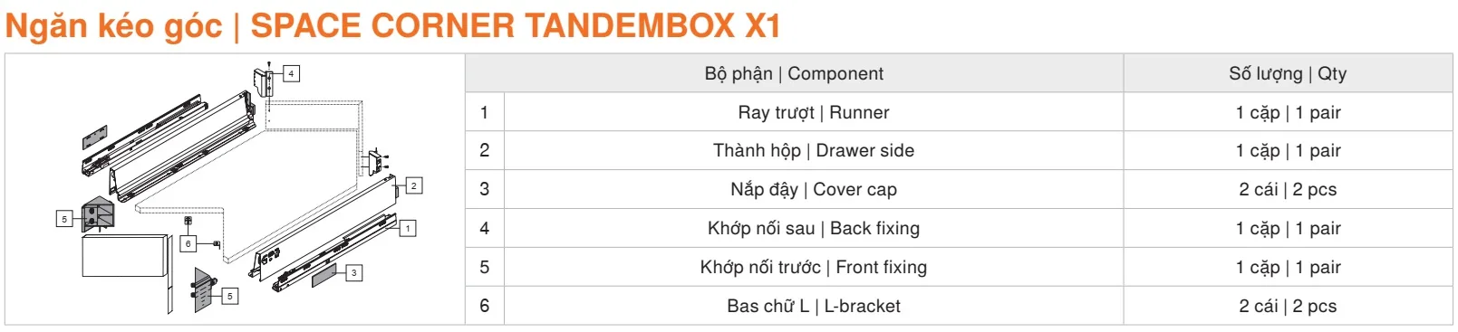 Ngăn kéo góc SPACE CORNER TANDEMBOX X1