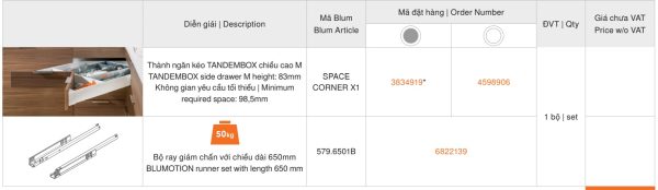 Ray hộp TANDEMBOX SPACE CORNER chiều cao M