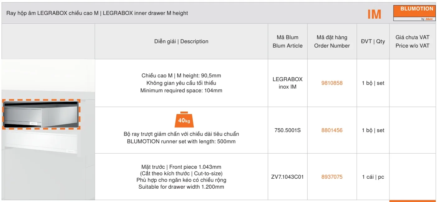 Ray hộp âm LEGRABOX INOX chiều cao M