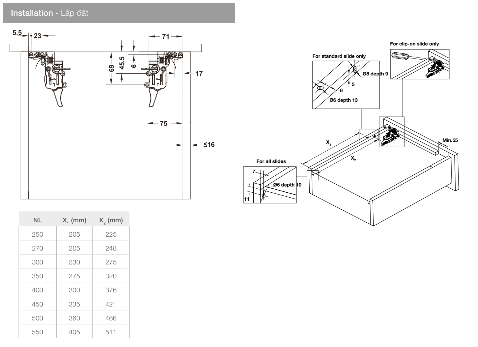 Ray âm giảm chấn Mở toàn phần Hafele spec image 1 Ray âm giảm chấn Mở toàn phần Hafele spec image 1