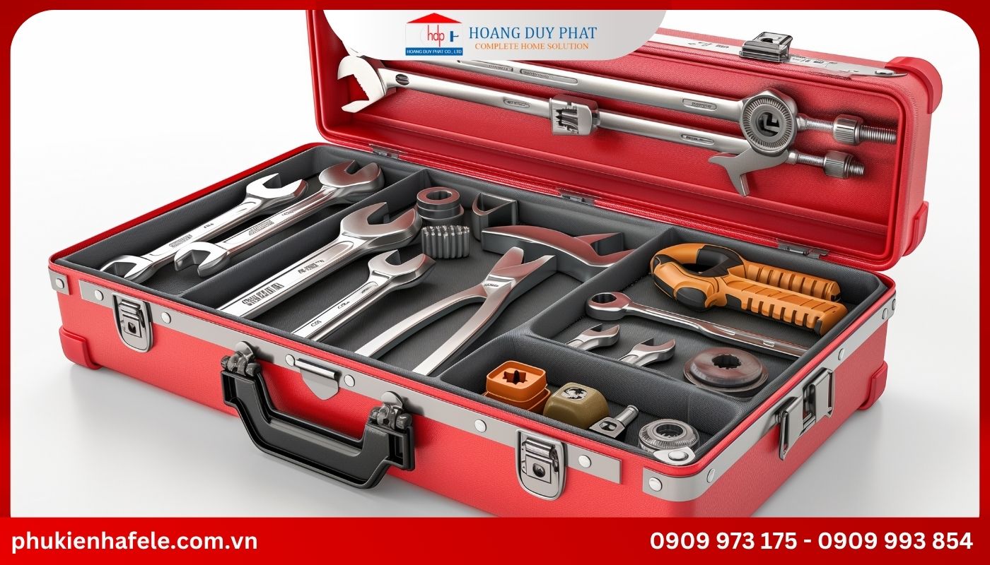 Chuẩn bị dụng cụ lắp tay nâng tủ bếp Blum