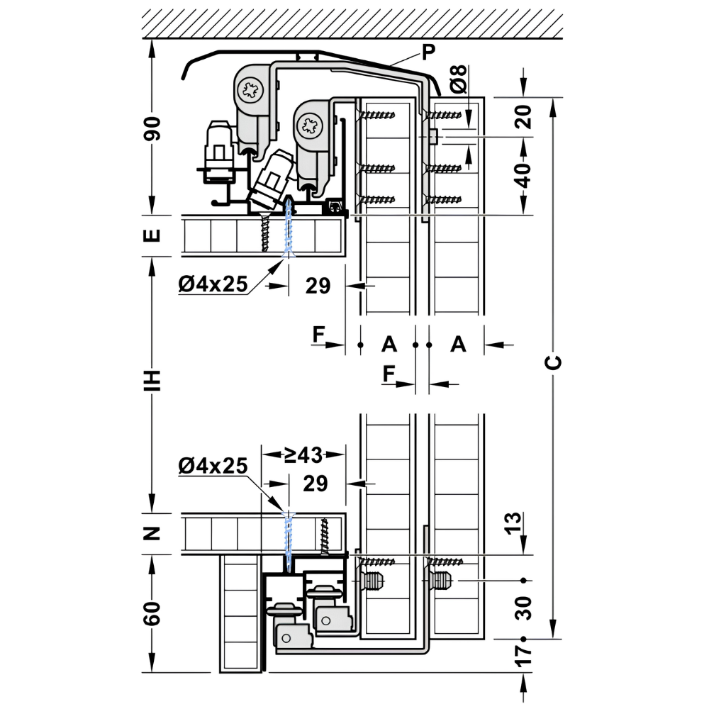 Cửa trượt thẳng Hafele SLIDO F-LINE44 80A trùm ngoài- độ dày cửa 20-22 mm- 3 cánh 407.41.022 ban ve 1